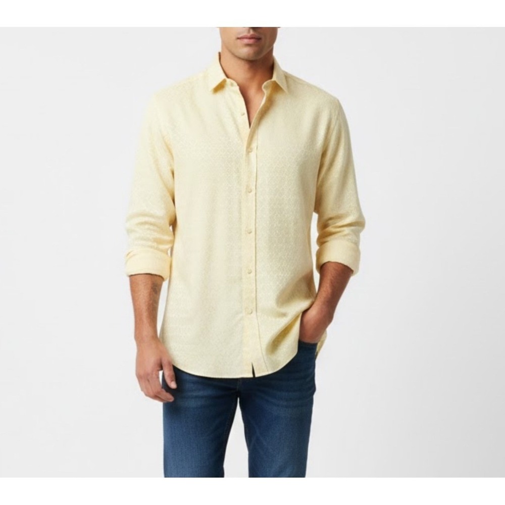TARAZZIA Mens Shirt Yellow Geometric Diamond Pattern Long Sleeve Button Up‎ L